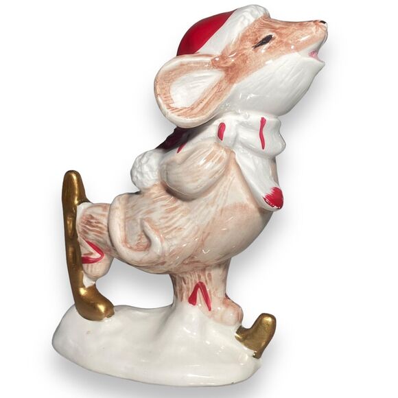 Mouse Mice in Santa Hat Ice Skating Ceramic & Porcelain Figurine Christmas Decor - Picture 3 of 10